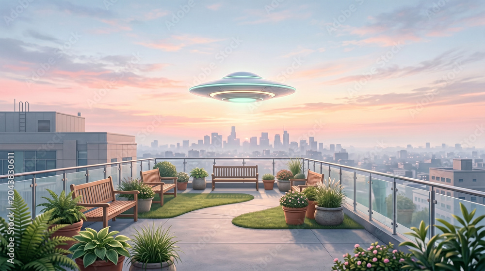 Fototapeta premium Hopeful UFO Sighting Above a Quiet Hospital Rooftop Garden at Dawn