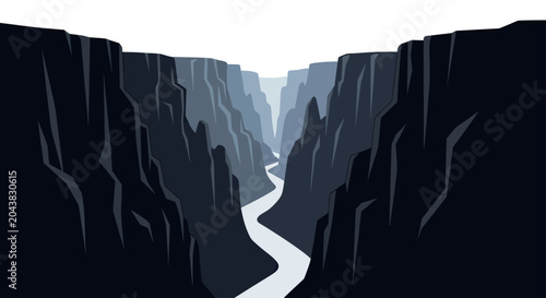 Jagged, towering canyon walls flank a winding, light-colored river flowing into the distance