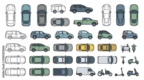 Collection of diverse vehicles and cars from top view and side view