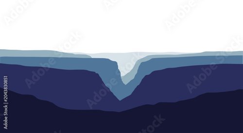 Layers of abstract blue landforms and a deep chasm under a white sky