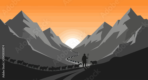 A shepherd guides a flock of sheep through a mountain pass at sunset