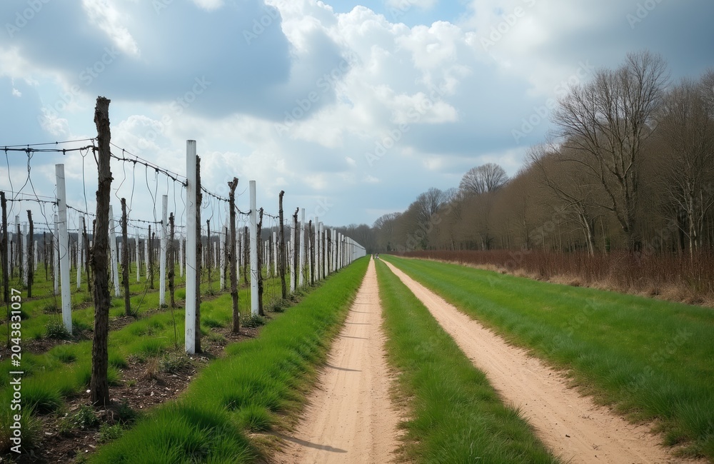 Obraz premium Dirt path leads through vineyard rows with white stakes. Bare trees line a distant forest border under a cloudy sky. Green grass grows beside the track.
