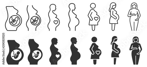 Canvastavla Pregnant woman silhouette icons with fetus and heart symbols vector set on trans
