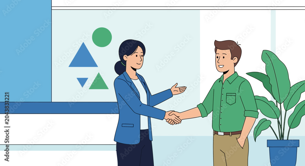 Fototapeta premium Business handshake between man and woman in modern office with geometric decor