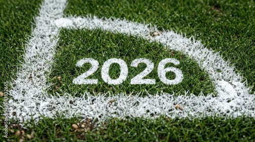Chalk number 2026 drawn on green grass field with white boundary line outdoor
