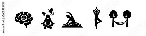 Foto Set of minimalist black silhouette icons representing mental health, meditation, yoga poses, and relaxation for wellness and self-care concepts