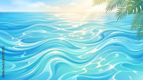 Tropical Blue Ocean Waves with Sparkling Sun Glare and Palm Leaves