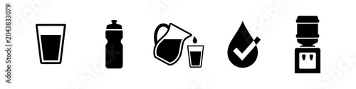 Canvas Print Set of black water-themed icons including a glass, sports bottle, pitcher pouring, water drop with checkmark, and cooler dispenser