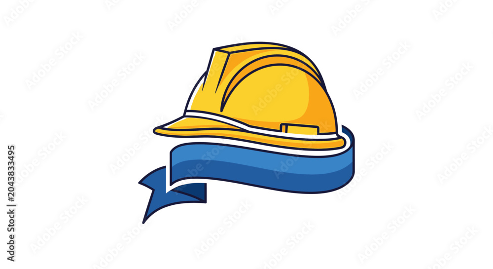 Fototapeta premium Yellow construction safety hard hat icon with blue ribbon banner.