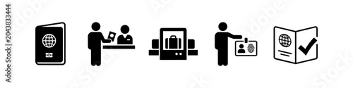 Foto Set of flat black airport security and travel icons including passport, check-in desk, baggage scanner, biometric identification, and immigration approval on a white background