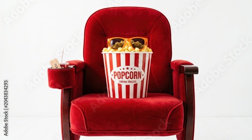 Movie night with popcorn on red velvet cinema chair