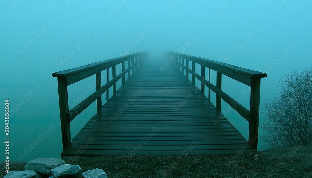 Fototapeta premium Wooden bridge vanishing into thick, atmospheric teal fog