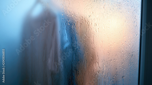 Frosted glass window clothes silhouette steam condensation blurred figure laundry day abstract background warm light cool blue beige tone negative space