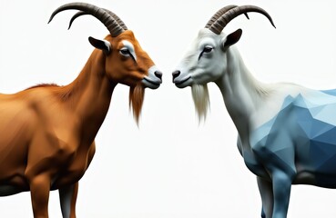 Two goats face each other. Brown goat stands on left, white goat on right. White goat has geometric blue mountain pattern. They have horns and beards.