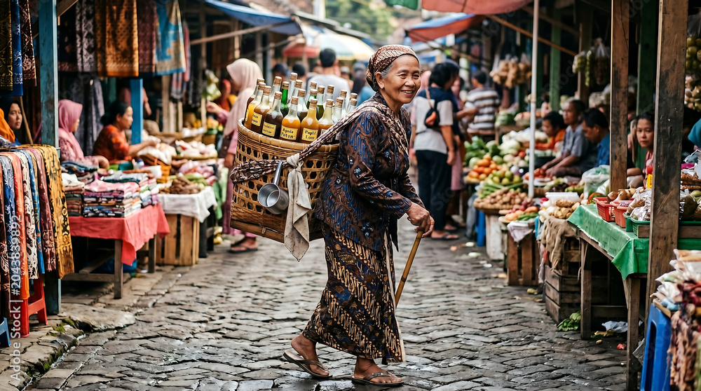 Obraz premium Elderly Indonesian Jamu Gendong Woman Carrying Herbal Drink Bottles in Wicker Basket Walking on Cobblestone Traditional Market Street
