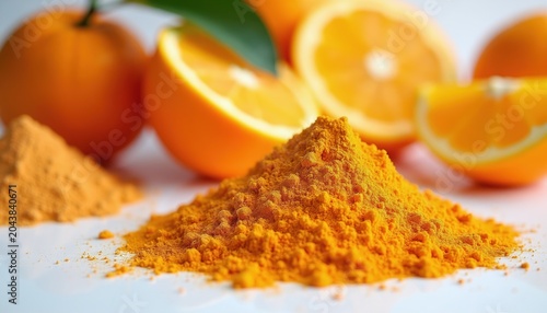 Orange slices and powder sit on white surface. Bright citrus fruit with vibrant yellow spice. Fresh natural ingredients for cooking, health, or cosmetic use.