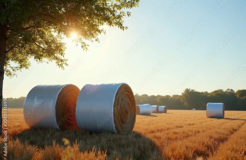 Obraz premium Wrapped haylage bales sit on dry field under clear sky. Sun shines brightly over rural landscape. Trees form distant dark line against horizon. This image shows preserved fodder ready for animals.