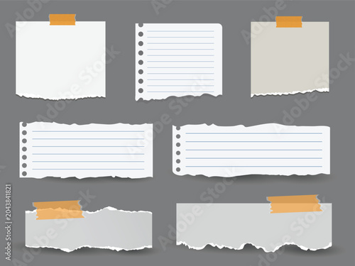 Set of torn paper sheets and notebook pages with adhesive tape vector illustrations. Ripped blank paper notes, lined binder paper scraps, and message sticky pad elements isolated on grey background.