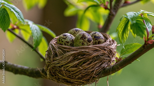 Nestled Birds Nest Cradling Three Speckled Eggs on a Leafy Branch, Radiating Tenderness and Life's Promise in a Serene Woodland Setting
