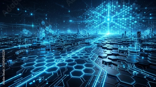 Futuristic digital landscape with hexagons and glowing data patterns  