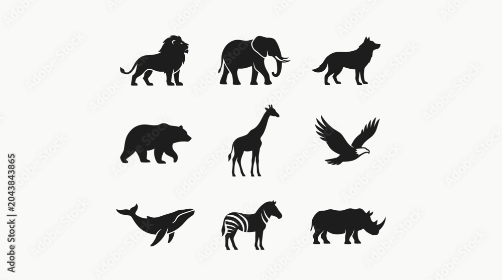 Obraz premium A captivating collection of diverse wild animal silhouettes, showcasing various majestic creatures from around the globe, perfect for nature and wildlife-themed designs