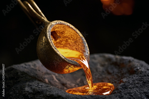 Intense Foundry Scene of Crucible Pouring Molten Metal, Capturing the Ferocious Energy and Heat of the Forging Process