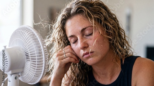 A sweaty woman with damp hair rests her head near a blowing electric fan. With eyes closed, the scene conveys a sweltering, exhausted, and intensely oppressive summer heat.