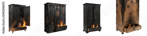 Bild auf Leinwand Set of Four Distressed Wooden Wardrobe Cabinets with Internal Fire Effect Isolat