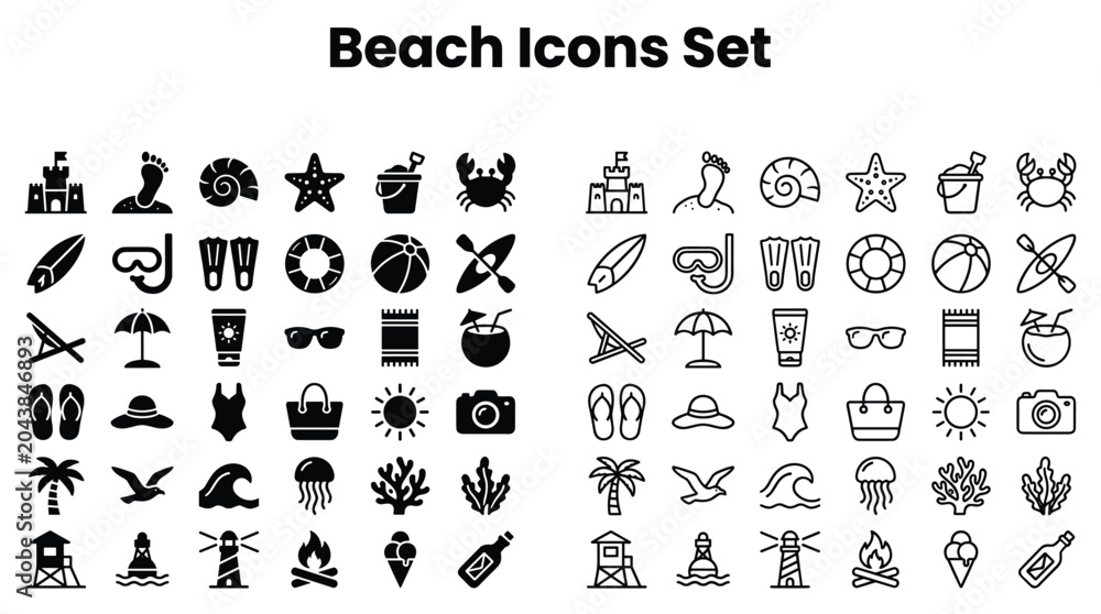 Fototapeta premium Beach Icons Set Features Summer Vacation Symbols and Illustrations