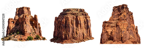 Fotografía Set of Three Red Sandstone Rock Formations Isolated on White Background for Geol