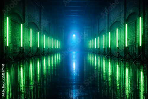 Futuristic Industrial Hall with Neon Tube Lights