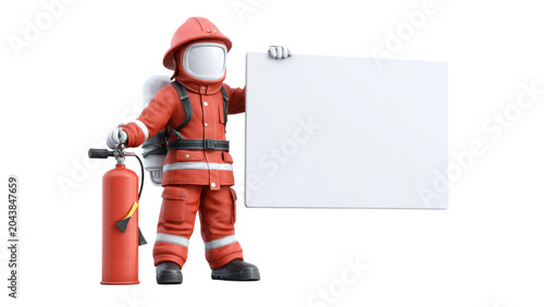 Firefighter holding blank sign with extinguisher