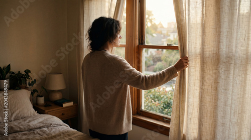 Woman opening curtains to morning sunlight symbolizing hope and new beginnings