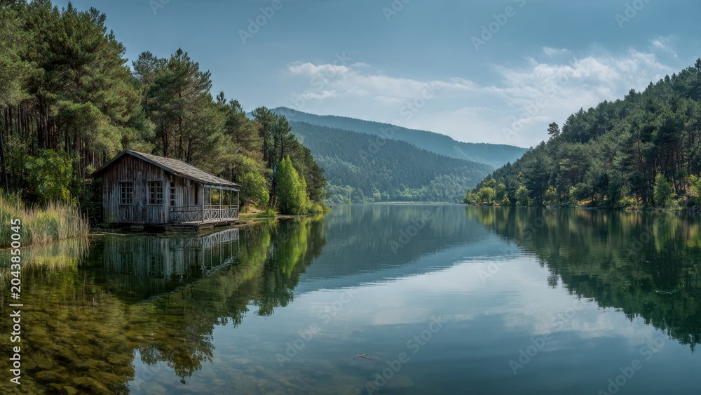 Fototapeta premium Serene Wooden Cabin on Lake with Forest Reflection