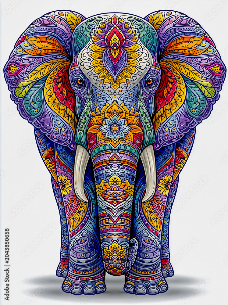 Obraz premium Intricate and Colorful Artistic Elephant Illustration with Detailed Mandala Patterns and Vibrant Bohemian Tribal Style