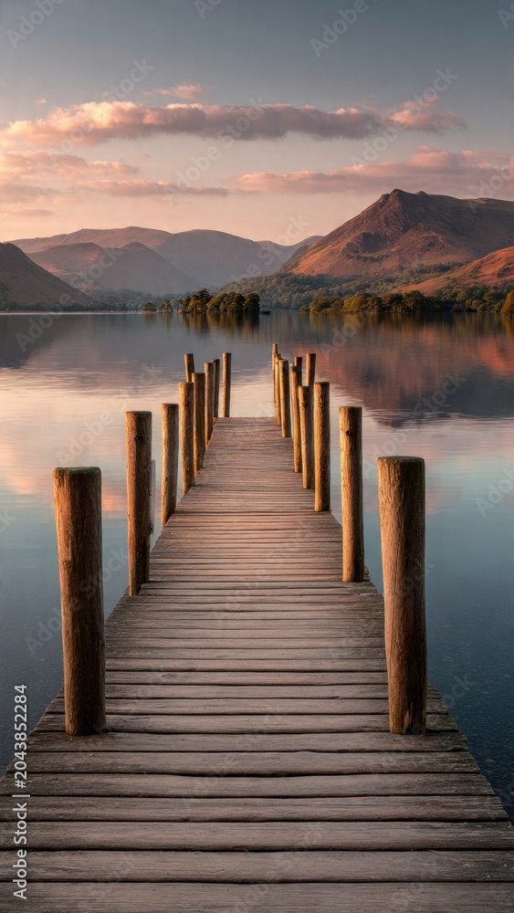 Obraz premium Wooden Dock Leading to Mountain Lake at Sunset