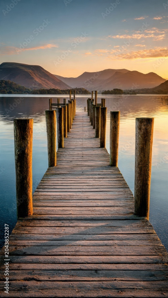 Obraz premium Wooden Dock Leading to Mountain Lake at Sunset