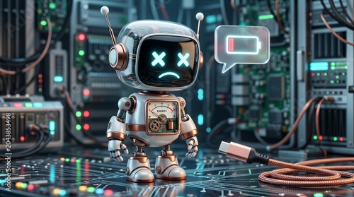 Digital robot displays an unhappy expression with a low battery icon indicating power depletion in a futuristic data center.