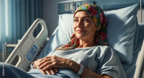 Woman in hospital bed with colorful headscarf smiling
