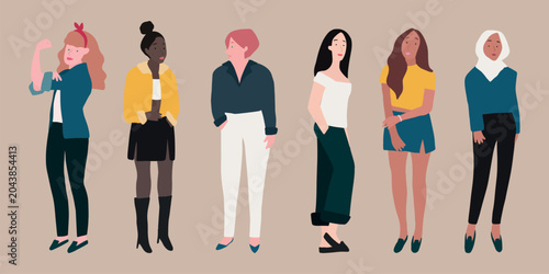 Tableau sur toile Vector of diverse women in various outfits, showcasing different styles and ethnicities