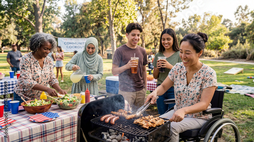 Diverse community park cookout with Asian woman in wheelchair grilling meat while friends enjoy summer BBQ at a park