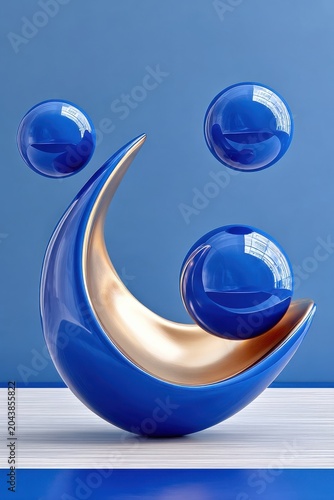 Sleek dark blue abstract metallic sculpture with glossy spheres and gold interior on pedestal