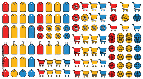 Large set of hand drawn shopping icons including price tags carts and currency symbols.