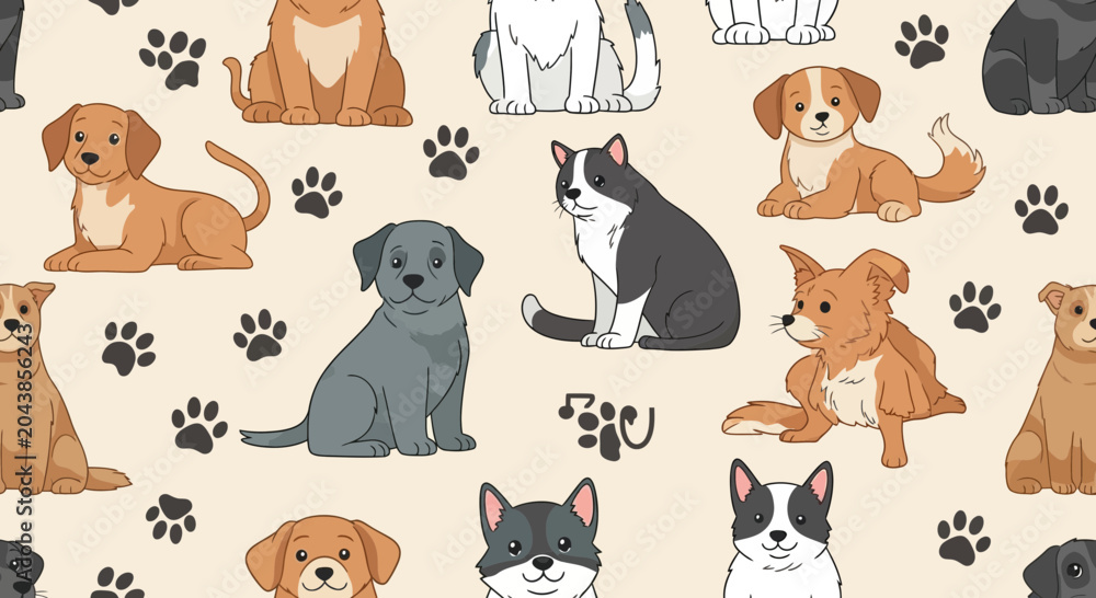 Obraz premium Seamless pattern featuring cute cartoon dogs and cats with paw prints on a light background