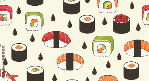 Seamless pattern featuring diverse sushi rolls and nigiri on a light beige background creating a