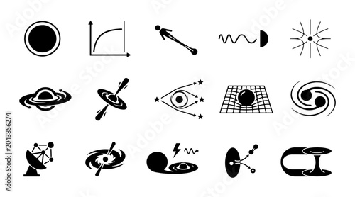 Canvastavla Astrophysics and space science icon set, 15 black vector symbols of black holes