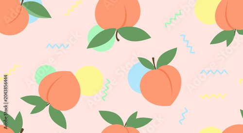 Seamless pattern of peaches with pastel background and playful geometric shapes design
