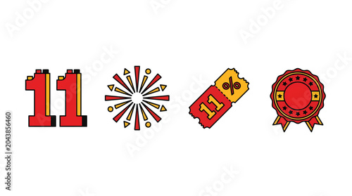 Set of 1111 shopping festival icons including number eleven firework coupon and badge.