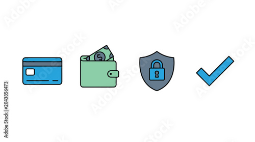 Set of hand drawn icons for payment security and finance including credit card wallet shield with padlock and checkmark.