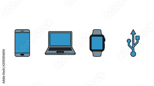 Flat Line Art Icons of Smartphone Laptop Smartwatch and USB Symbol.